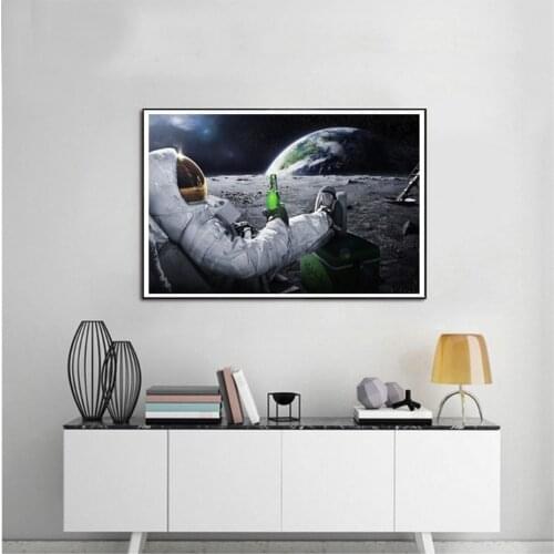SURE LIFE Creatively Astronaut Drink Beer on Moon Canvas Printing Paintings Poster Wall Art Pictures for Living Room Home Decor