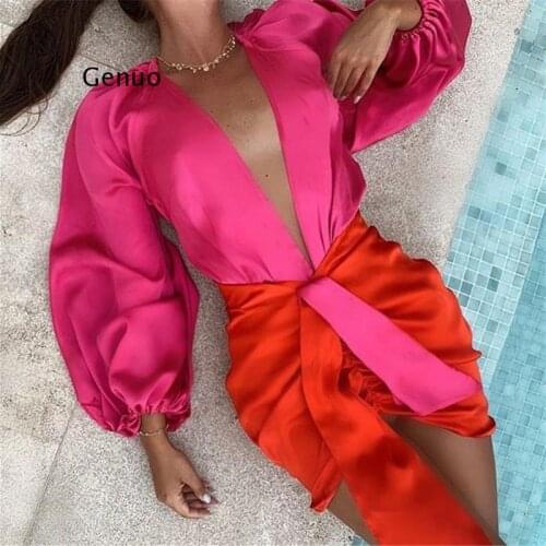 Sexy Deep V-neck Satin Two Piece Set Women Long Sleeve Top Short Skirt Sets Matching Casual Partywear Winter Women Set