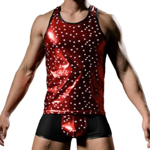 Men Summer Tank Top Shiny Leather Male Gold Blocking Stars Print Tops Muscle Cut Male Tank Vest and Pants Set Clubwear Tank Top