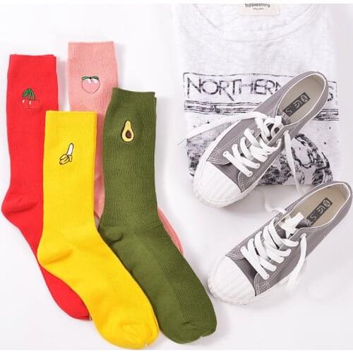 Cute Fruit Print Cotton Womens Socks Retro Embroidery Long Colorful Funny Socks Women Girls Candy Sock