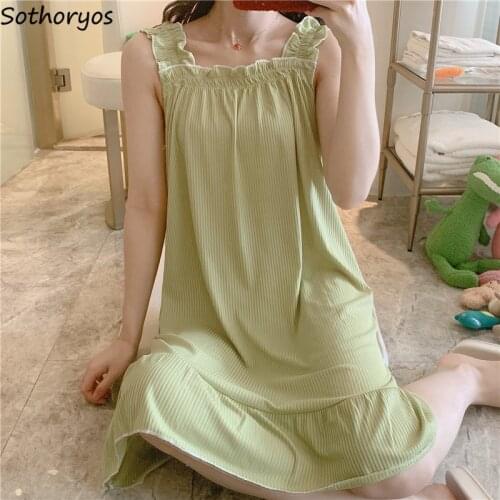 Nightgowns Women Solid Ruffles Leisure Sexy Simple Sweet Summer Breathable Soft Womens Sleepwear Homewear Nightgown Thin Ulzzang