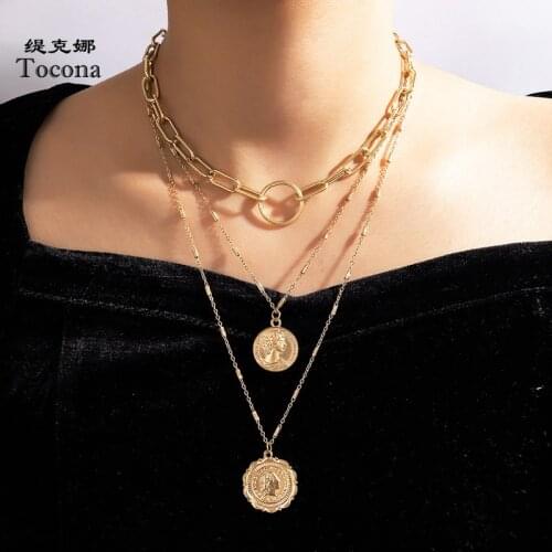 Tocona Punk Coin Pendant Necklace for Women Thick Chain Gold Color Alloy Metal Multi-layer Hollow Geometric Jewelry 17943