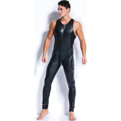 Plus Size M-XXL Men PU Leather Bodysuit Red Black Open Crotch Zipper Jumpsuit Male Erotic Catsuit Club Stage Costume