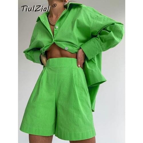 TiulZial Casual Women Short Set Tracksuit Loungewear Two Piece Women Outfits Oversized Long Shirt And High Waist Shorts Green