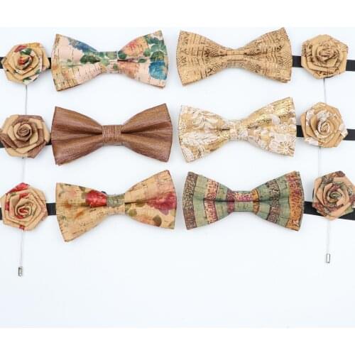 Handmade Cork Wooden Bow Tie Brooch Set Floral Rose Pin Bowtie Butterfly For Men Wedding Party Suit Accessories Novelty Gift
