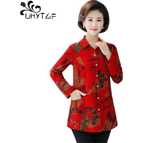 UHYTGF Women autumn blouses 2020 fashion printing casual plus size shirt female Single-breasted elegant mom loose tops coat 1109