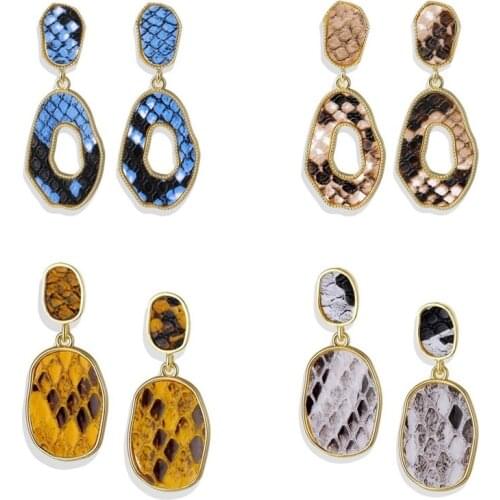 IFMIA Vintage Gold PU Leather Snake Skin Drop Earrings for Women Big Geometric Irregular Oval Dangle Earring Jewelry 2019 NEW