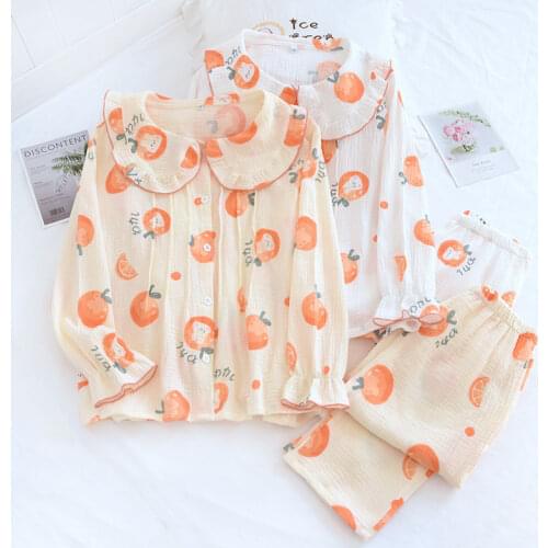 Japanese spring and autumn new style 100% cotton crepe cloth ladies pajamas long sleeve lace collar cute home service suit