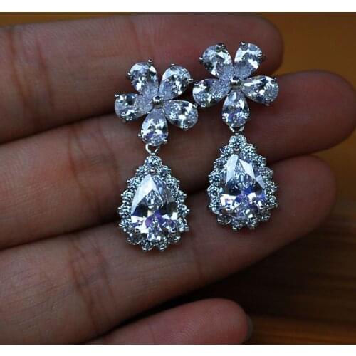 Korean Earrings Flower Water Drop Bling Zircon Stone S925 Sterling Silver Color Stud Earrings for Women Fashion Jewelry 2020 New