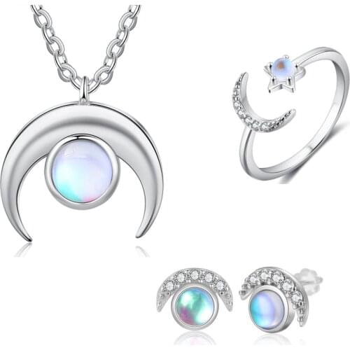 Moon & Sun 925 Sterling Silver Jewelry Sets Moonstone Necklaces Open Finger Rings Stud Earrings Female Engagement Jewelry Sets
