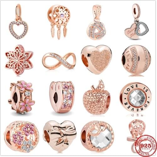 New Original 925 Sterling Silver Pink Daisy Love Spacer Clip Bead Charms Rose Gold Fit Pandora charm Bracelets Women DIY Jewelry