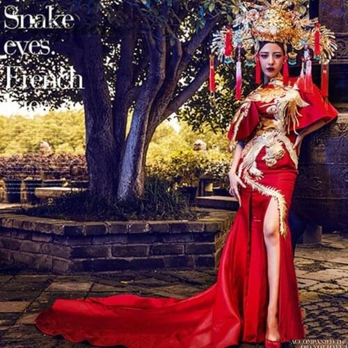 Red Embroidery Phoenix Cheongsam Wedding Dresses Sexy Split Chinese Evening Dress Qipao Long Summer Women Vintage Party Gown