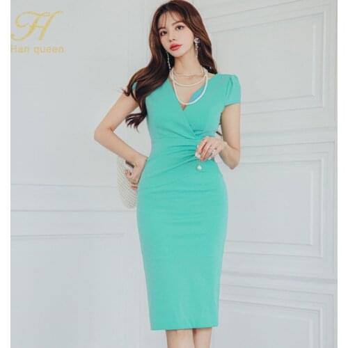 H Han Queen Pencil Dress V-neck Fashion Beaded Slim Fit Bag Hip Office Lady Evening Party Sexy Elegant OL Simple Series Dresses