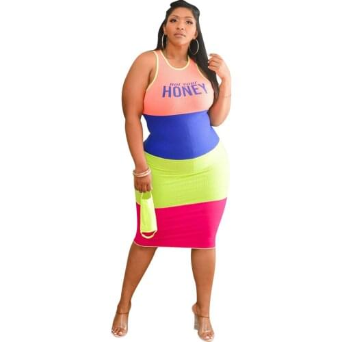 Plus Size Dress Womens Striped Printed O-neck Casual Summer Midi Dress Sleeveless Beach Skinny Bodycon Dresses Women Clothing