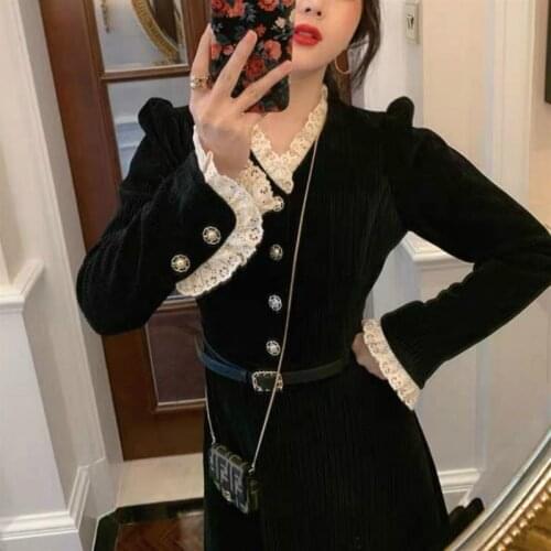 Winter Knit One Piece Dress Korean 2021 Vintage Black Dress Women Casual Long Sleeve Lace Elegant Dress Female Slim Outerwear