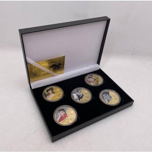 5 pcs Audrey Hepburn Gold Commemorative Coins Set In Coin Box Super Star Fashion Challenge Coin Collectible Gifts for Women