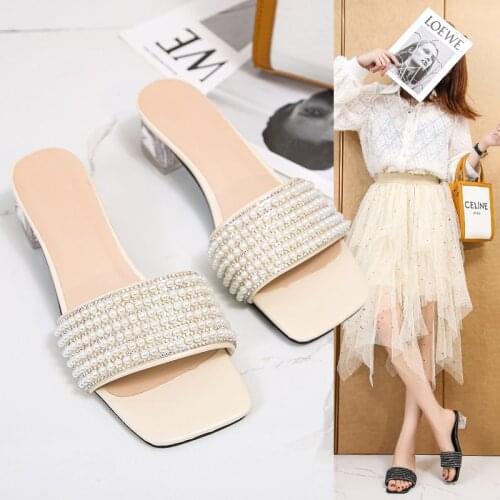 Summer Mid-heel Rhinestone Transparent Womens Slippers 2021 New Crystal High-heeled Sandals Fashionable Sexy Large Size 45