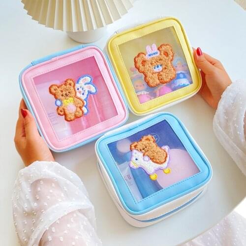 Bear Cosmetic Case Large Capacity Stationery Bag Square Mesh Toiletry Storage Bag Women Embroidery Makeup Pouch Travel Wash Bag