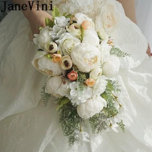 JaneVini White Waterfall Wedding Bouquet Artificial Peony Rose Bridal Hand Flowers Bridesmaid Bride Flower Bouquet Fiori Sposa