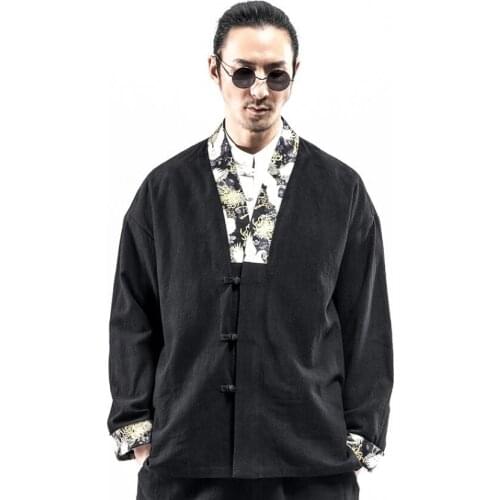 Kimono Jacket Traditional Chinese Clothing For Men Linen Hanfu Top Long Sleeve Tang Suit Kung Fu Shirt Cardigan Coat KK3249