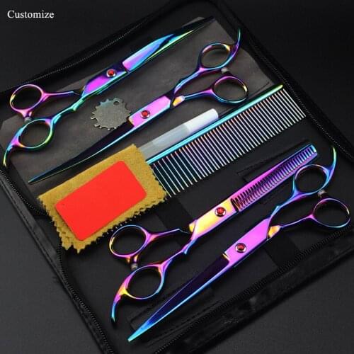 Customize 5 kit Japan steel 7 '' Rainbow Pet dog grooming hair scissors thinning shears cutting barber set hairdressing scissors