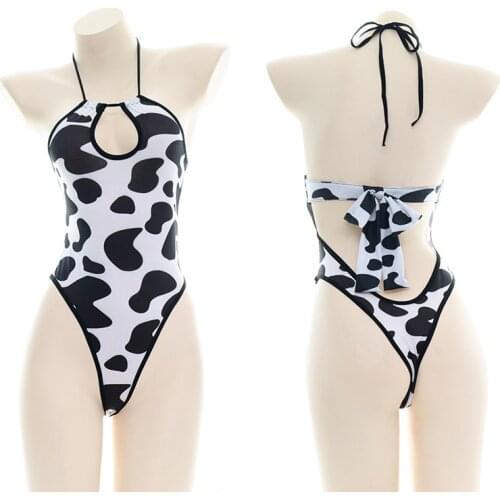 Lolita role play underwear cow print hanging neck girl sexy lingerie maid outfit Japanese uniform Swimsuit one-piece jumpsuit