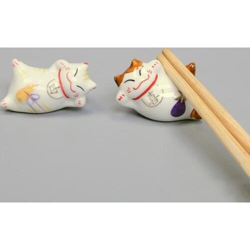 2pcs/set Fork Chopstick Support Kitchen Tableware Dinner Table Decoration Japanese Style Ceramic Lucky Cat Chopstick Rack