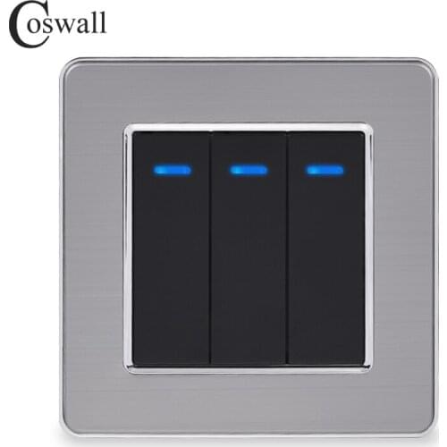 Coswall Stainless Steel Panel 3 Gang 1 Way Light Switch On / Off Wall Switch With LED Indicator 16A Black Gold Color