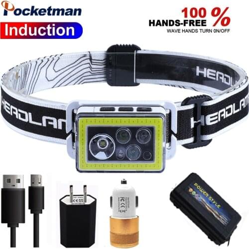 Portable Strong Headlamp USB Rechargeable LED Lamp T6+COB Sensor Headlight Built-in Battery OutdoorLED Night Running Waist Light