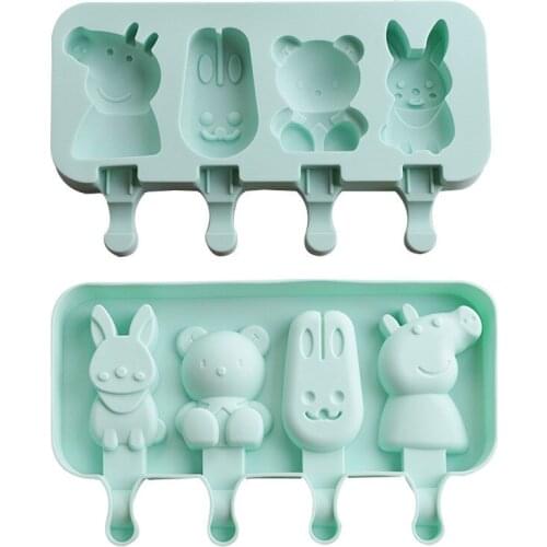 1SET Ice Cream Cake Chocolate Silicone Mold Cartoon Children Puppy Rabbit Bear DIY Handmade Cubes With 50PC Wooden Sticks