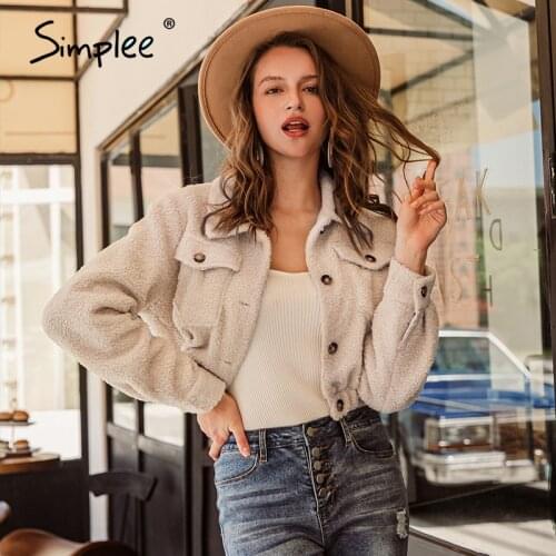Simplee Casual hairy women faux fur coat winter Turndown collar pocket teddy fur coats jackets Warm sheepskin overcoat female