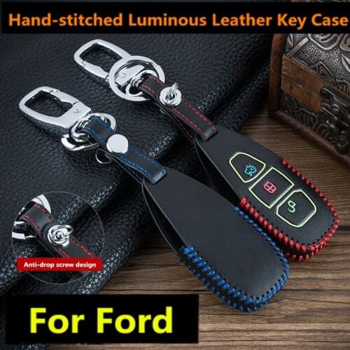 Luminous Keychain 3 Button Leather Car Key Case Fob Key Cover For Ford Focus C-Max Mondeo Kuga Fiesta Car Key Shell