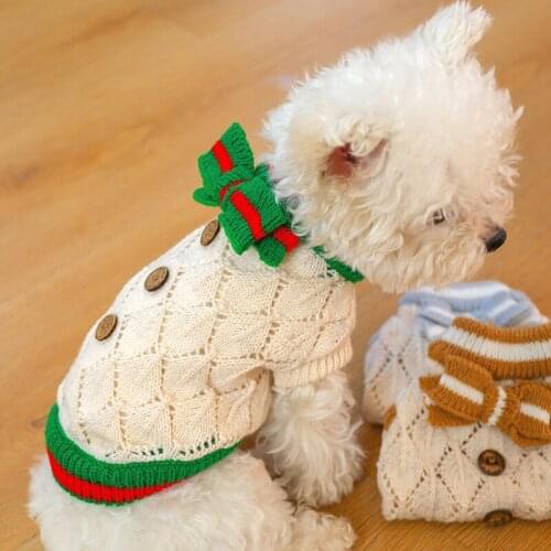 Pet Sweater Dog Clothes Warm Wooden Buckle Bowknot Dog Hoodie Cat Clothes Hollow Knit Dog Sweater