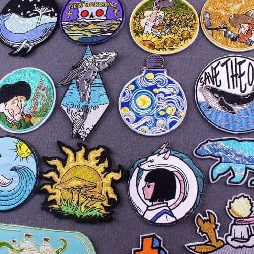Van Gogh/Willdness Patches For Clothing Punk Skull Iron On Patches For Clothes Wave Embroidered Patches DIY Badge For Backpack