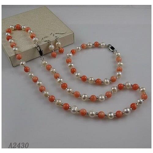 6-7mm Pink Corals Freshwater Cultured Choker Pearl Necklace For Girl Real Pearl Necklace Bracelet Earrings Jewelry Set