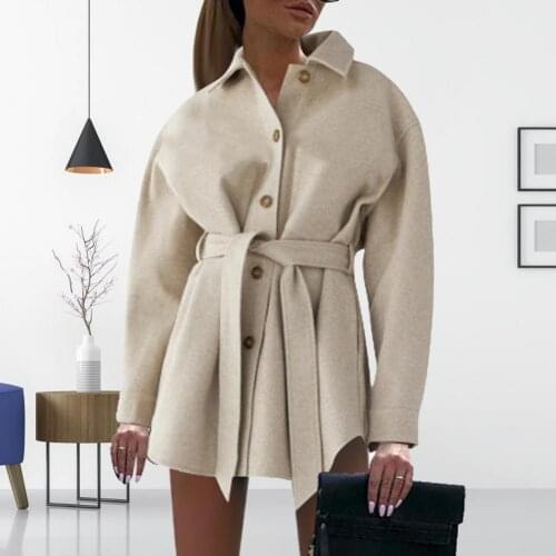 Women Fashion With Belt Loose Woolen Jacket Coat Vintage Long Sleeve Side Pockets Female Outerwear Chic Overcoat casaco boho