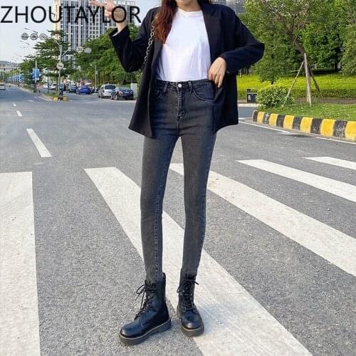 ZHOUTAYLOR Jeans Woman Fashion Button Zippers Full Length Office Lady Trousers Femme Autumn New Slim Fit Pencil Pants Female