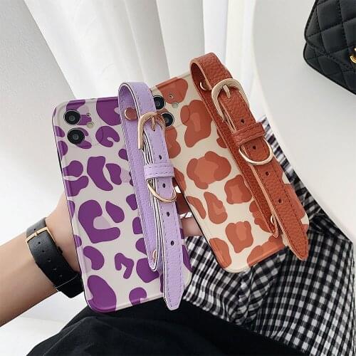 Fashion Leopard Print with Leather Wristband Phone Case for IPhone11 12 Pro XR X Xs Max 7 8Plus Cow Pattern Soft Tpu Back Cover