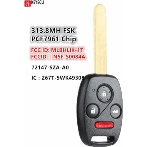 KEYECU 4 Button Remote Car Key 313.8MHz Fob for Honda Accord Civic EX SI Hybrid with PCF7961 Chip MLBHLIK-1T N5F-S0084A No Mark