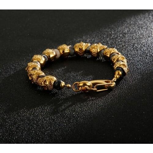 Jewels Store Punk Skull Charm Bracelet Men Stainless Steel 8mm Natural Stone Beads Beaded Brecelets Male Gothic Jewelry For Man