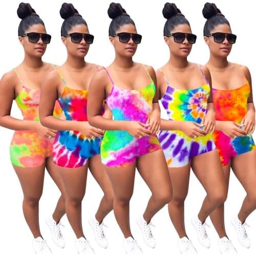 European and American sexy womens summer fashion simple casual tie-dye home service suspender halter jumpsuit