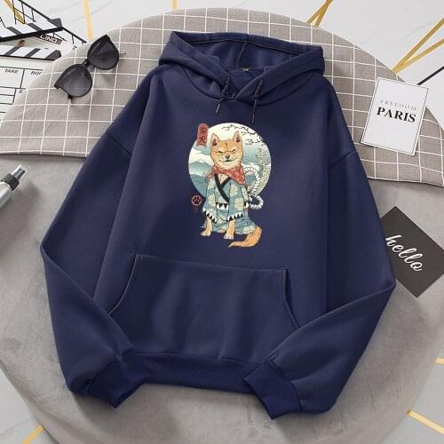 Ukiyoe Shiba Inu Cartoons Print Womens Hoodie Casual Aesthetic Pullovers Fashion Warm Hoody Autumn Fleece Loose Women Clothing