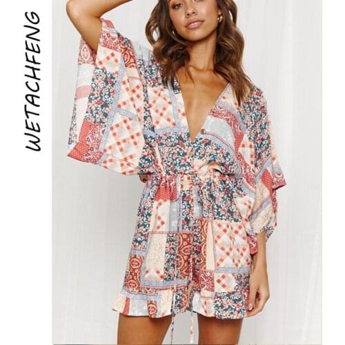 Sexy V Neck Plaid Floral Print Rompers Summer Ruffles Loose High Waist Playsuits Shorts One Piece Overalls For Women Clothing