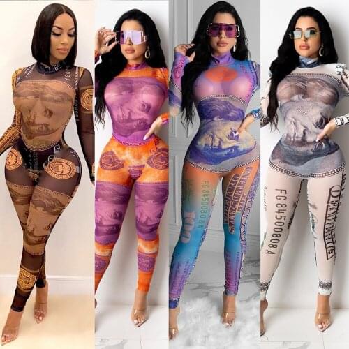 Sexy Mesh Money Print Jumpsuit Woman Long Sleeve Us Dollar Rompers See Through Bodycon One Piece Club Outfit Spring Clothes