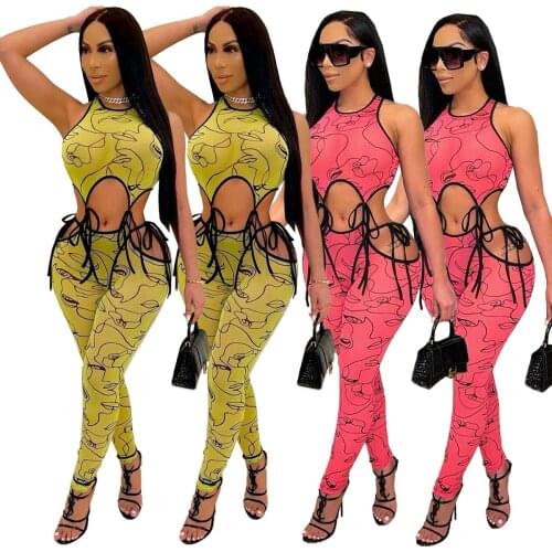 Sexy Lady Causal Graf Printing Crop Top Pants Set For Women Sleeveless Slim Two Piece Drawstring Lace Up Women Outfits