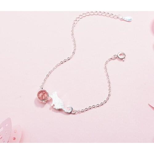 Fashion Sweet Pink Strawberry Crystal Kitten Moonstone 925 Sterling Silver Female Literary Resizable Bracelets SBR098