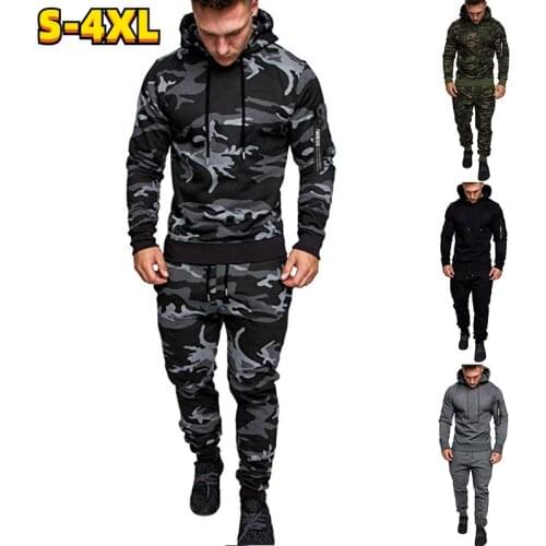 Fashion Men Hoodies 2 Pieces Suit Long Sleeve Sports Pullover Autumn Winter Camouflage Sweatshirt Jackets S-4XL