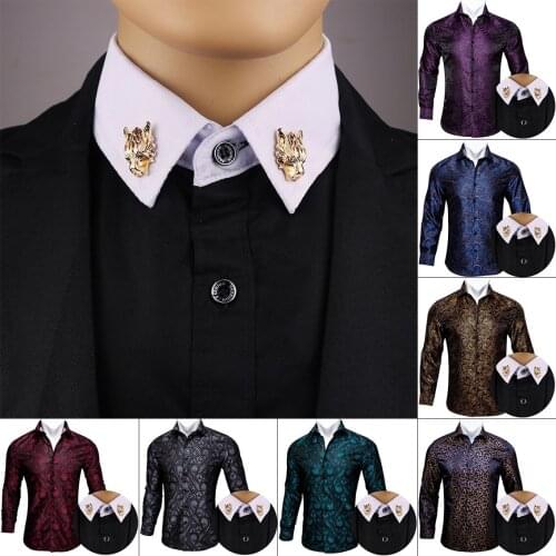 Barry.Wang Teal Paisley Floral Silk Shirts Men Autumn Long Sleeve Casual Flower Shirts For Men Designer Fit Dress Shirt