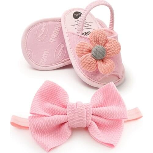 Baby Kids Girls Shoes Non-Slip Canvas Bowknot Toddlers Newborn Infantil Sandals+Headband 0-18M