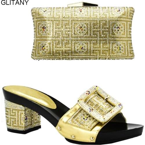 Latest Gold Color Italian Shoes with Matching Bags for Wedding Italy African Italian Shoes and Bag Set Decorated with Rhinestone